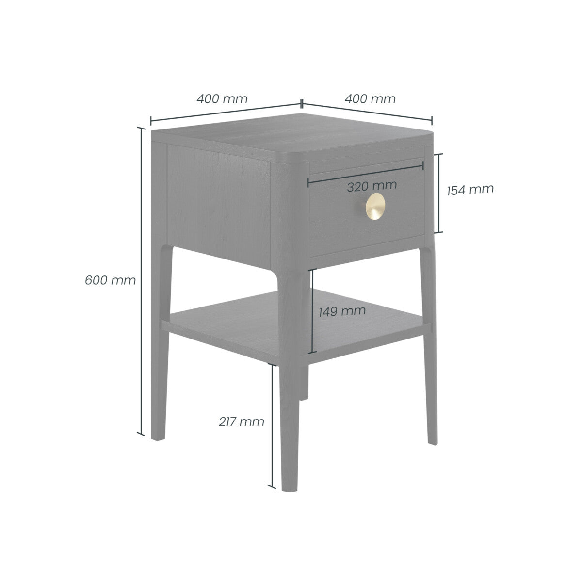 Abberley Black Bedside Table | 1 Drawer, Shelf & Brass Handle