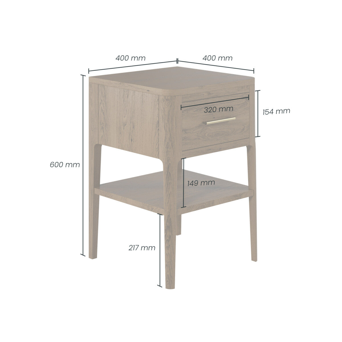 Abberley Brown Bedside Table | 1 Drawer, Shelf & Brass Handle