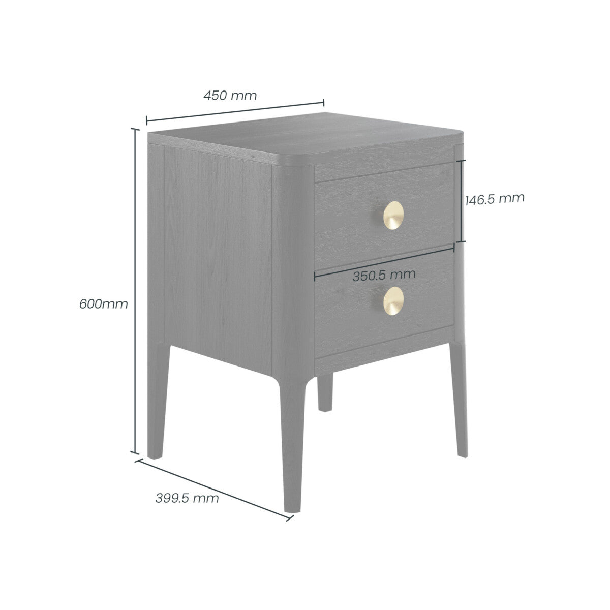 Abberley Black Bedside Table | 2 Drawers, Solid Oak & Brass Handles