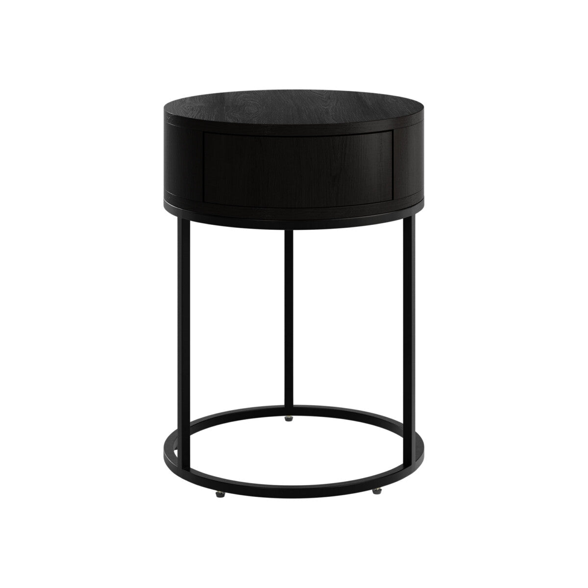 Hampton Bedside Table | Black Round Wooden with Push-Close Drawer