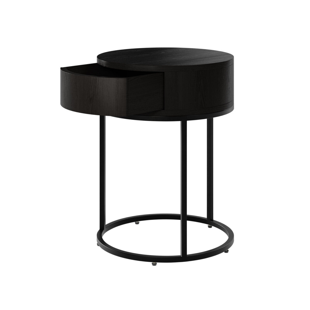 Hampton Bedside Table | Black Round Wooden with Push-Close Drawer