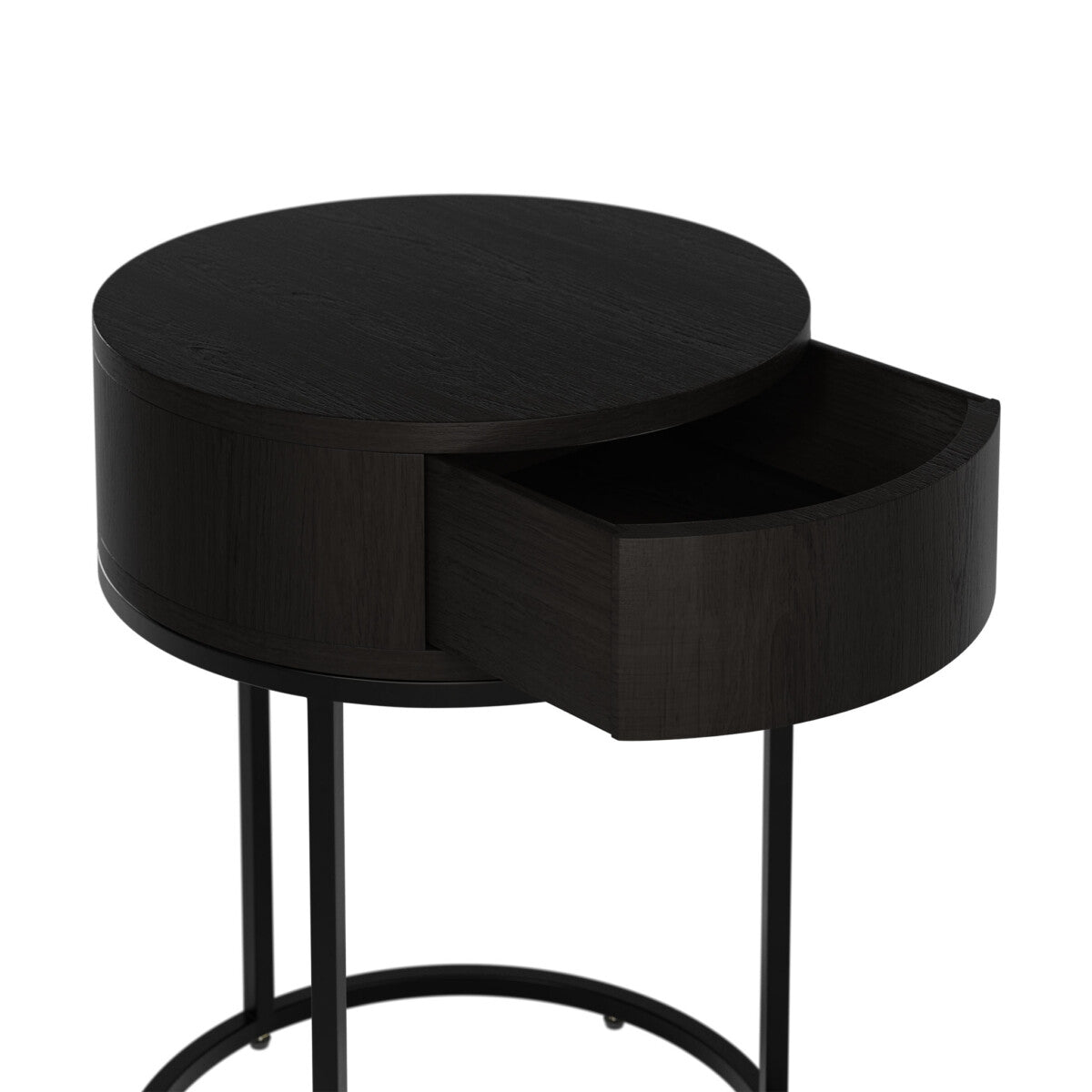 Hampton Bedside Table | Black Round Wooden with Push-Close Drawer