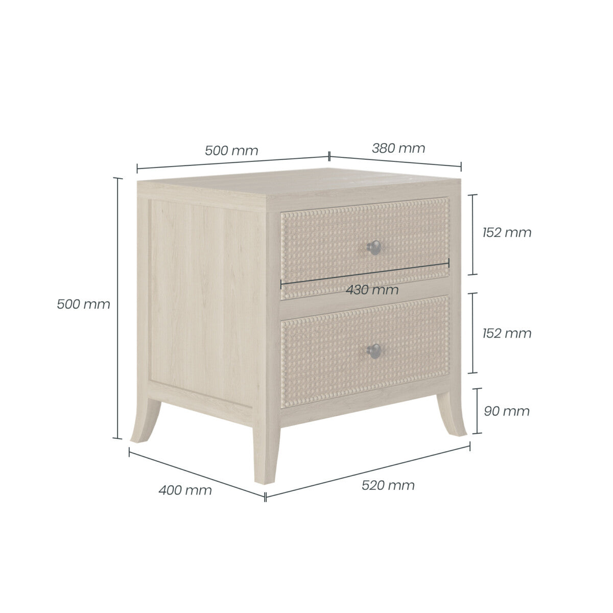 Witley Bedside Table | Two Drawers, Rattan Front, Gunmetal Handles