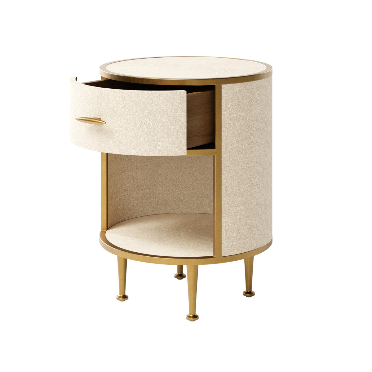Hampton Bedside Table | Ivory Round Shagreen with Brass Legs