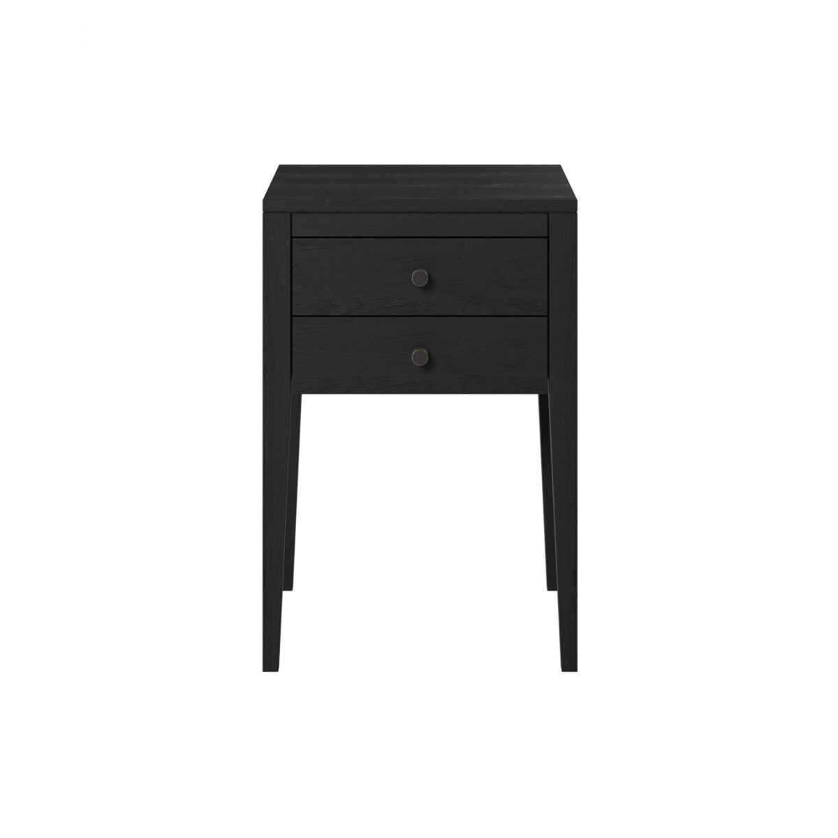 Radford Black Bedside Table | 2 Drawers, Solid Oak, Tapered Legs