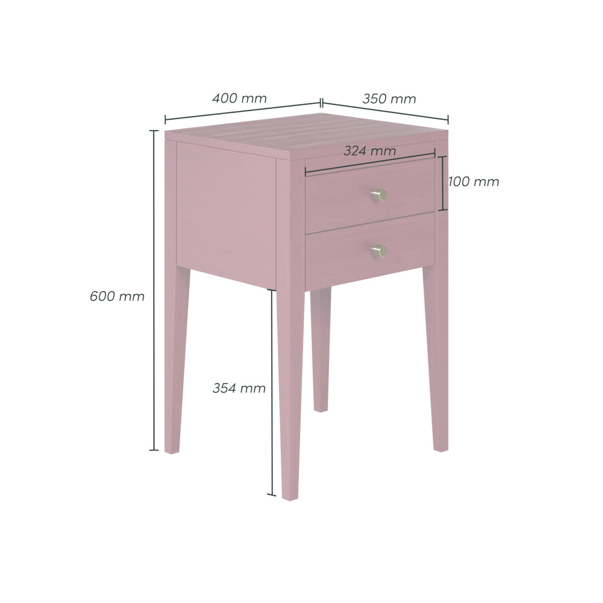 Radford Red Bedside Table | 2 Drawers, Solid Oak, Tapered Legs