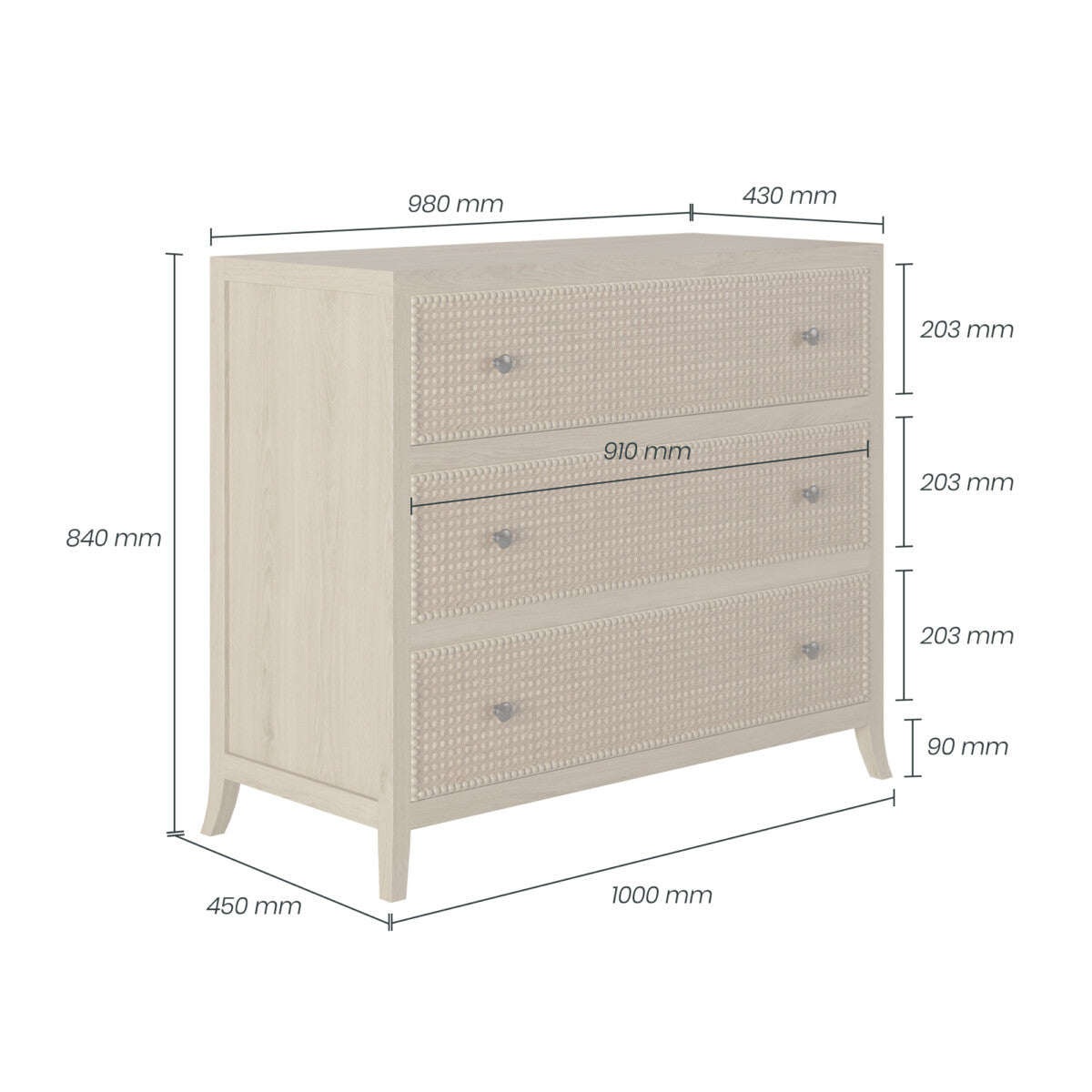Witley Chest of Drawers | 3 Drawers, Rattan Front, Gunmetal Handles