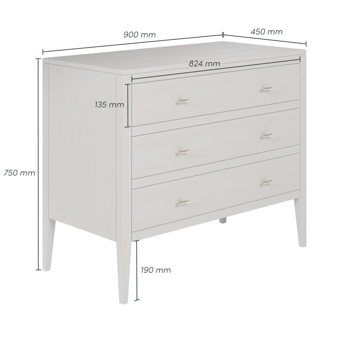 Radford Grey Chest of Drawers | 3 Drawers, Brass-Style Handles