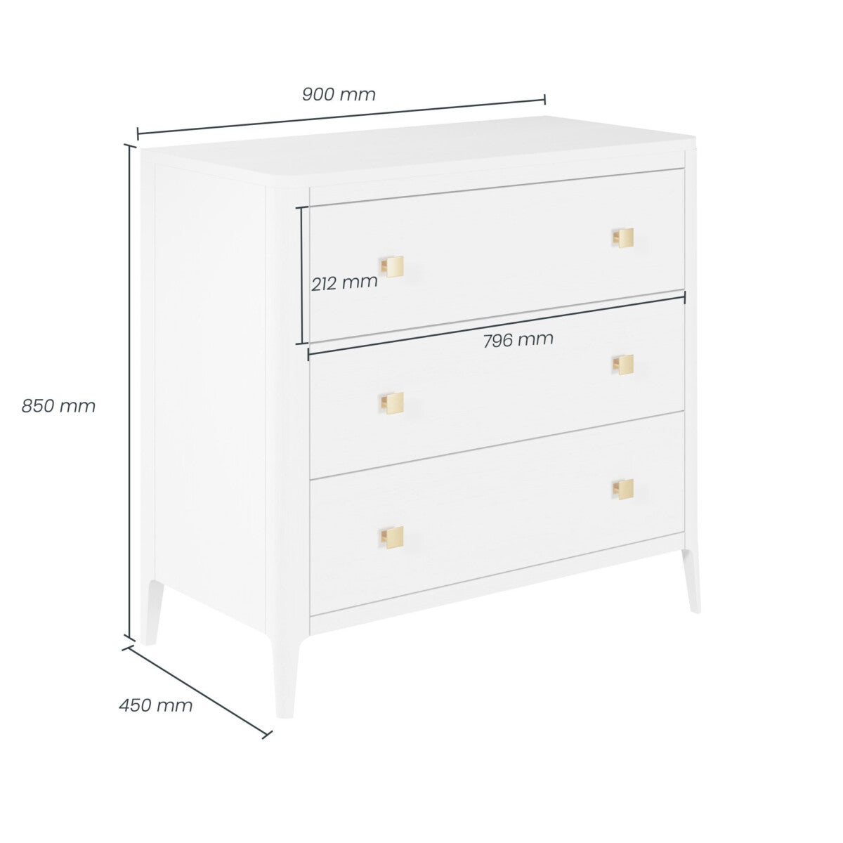 Abberley White Chest of Drawers | 3 Drawers & Gold Handles