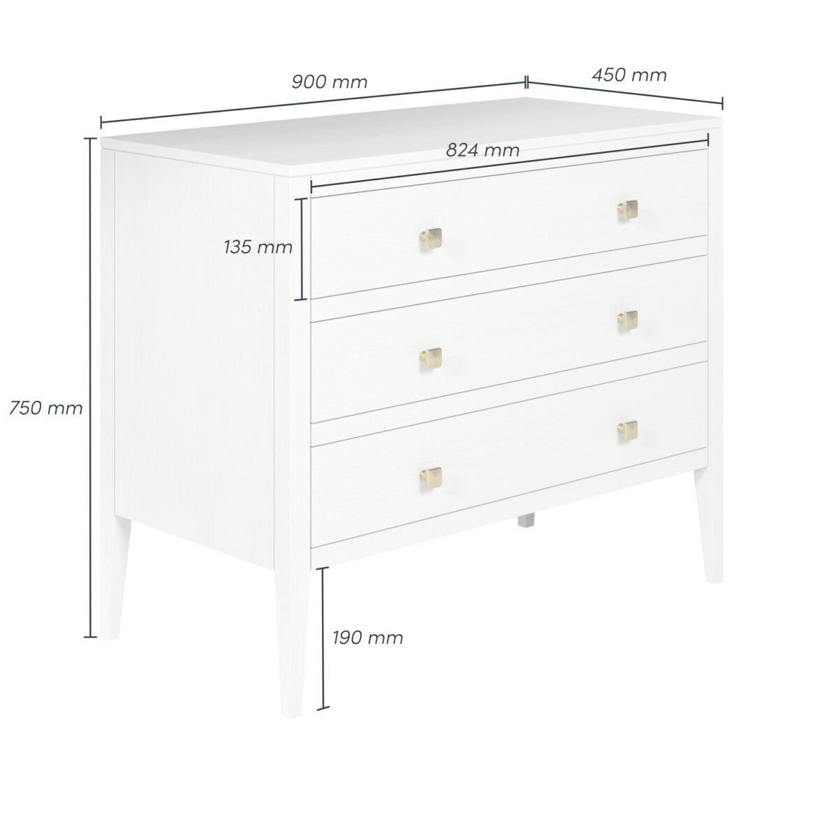 Radford White Chest of Drawers | 3 Drawers, Brass-Style Handles