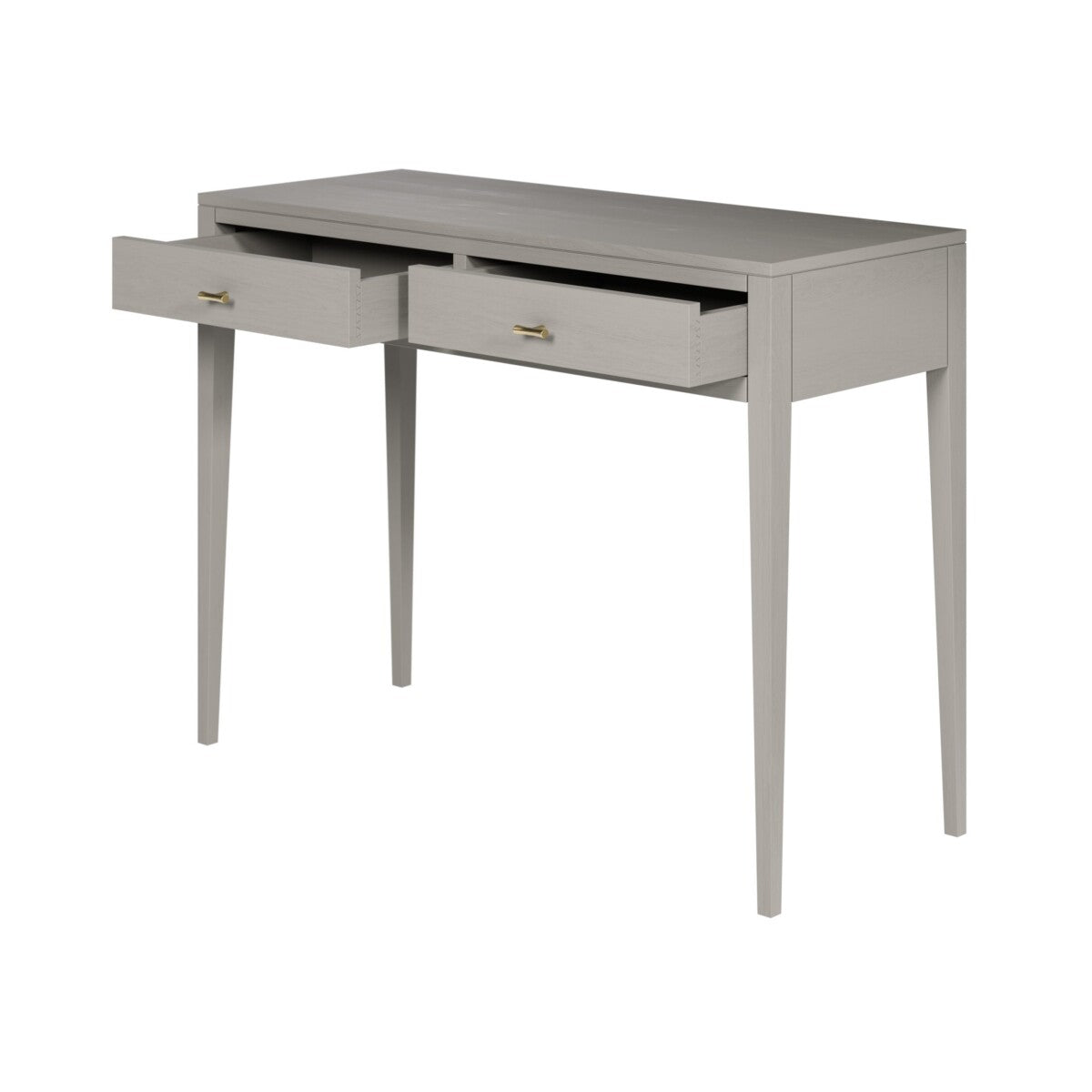 Radford Grey Console Table – Solid Oak, Two Drawers, Brass Handles