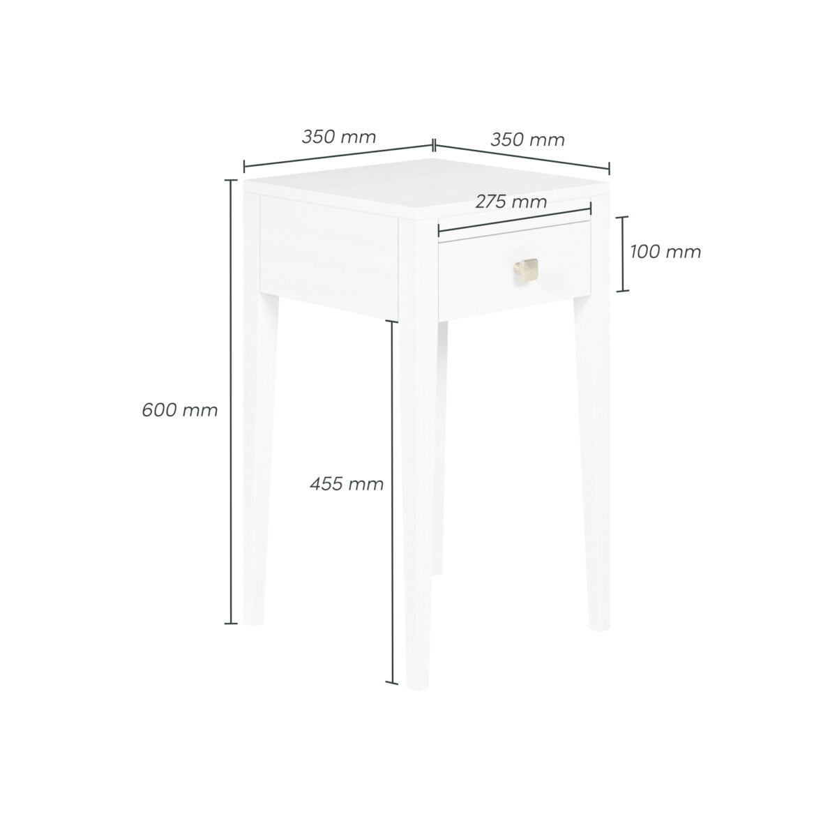 Radford White Bedside Table | 1 Drawer, Brass-Style Square Handle