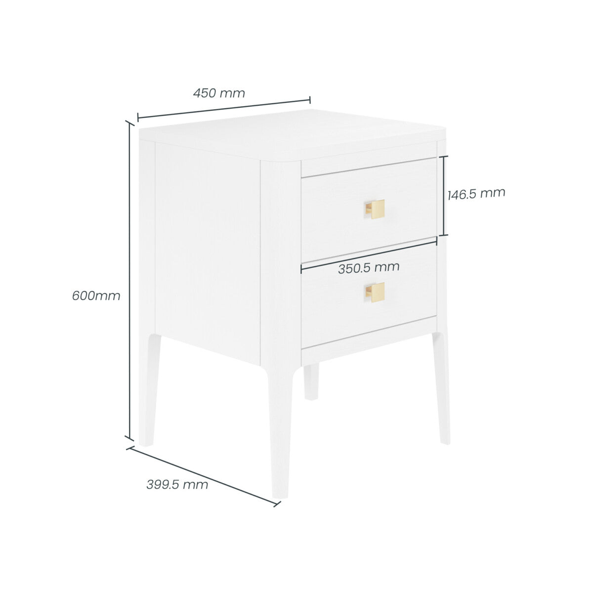 Abberley White Bedside Table | 2 Drawers & Gold Handles