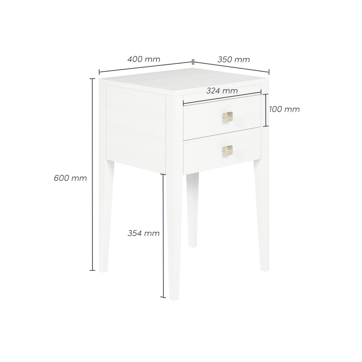 Radford White Bedside Table | 2 Drawers, Brass-Style Square Handles