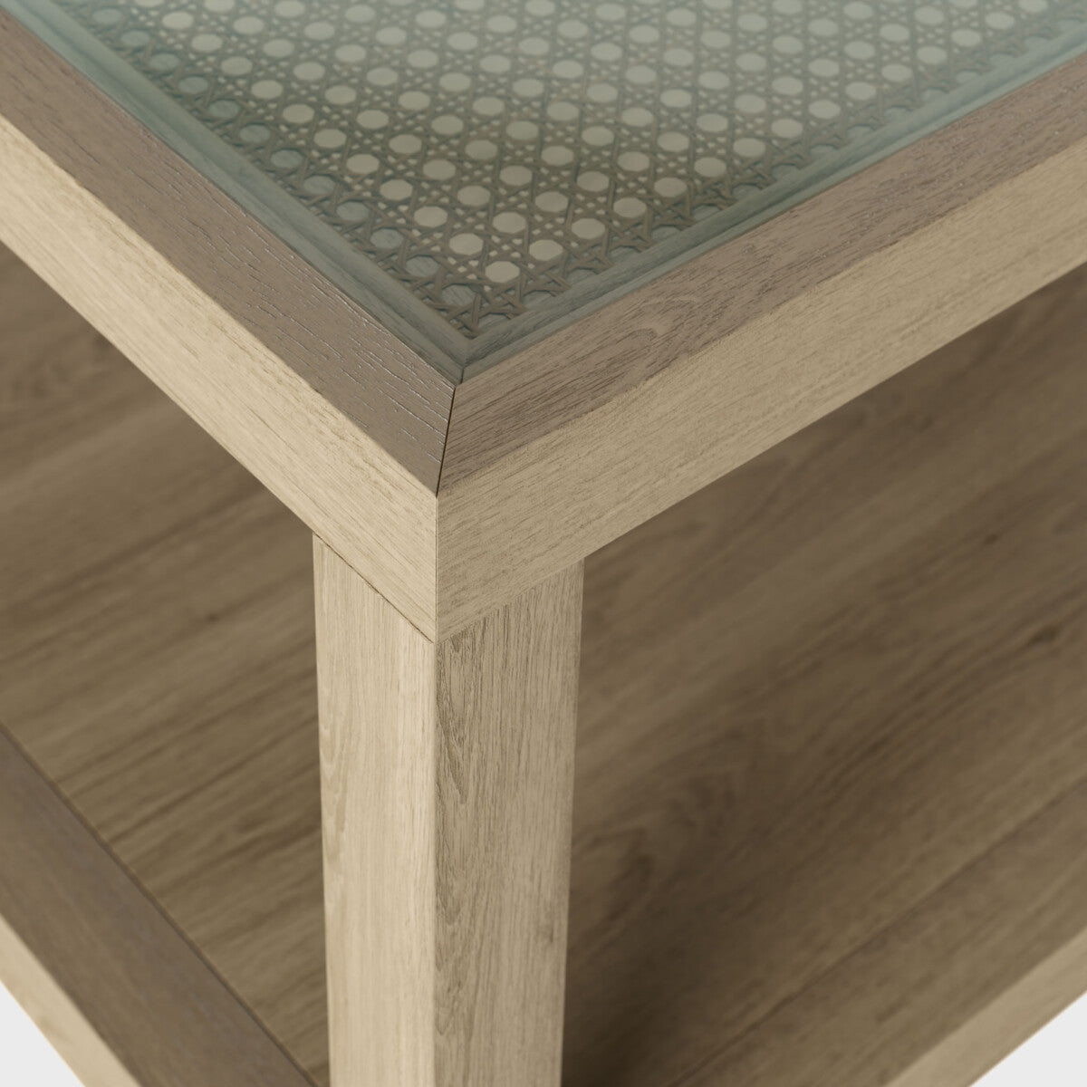 Witley Coffee Table | Grey Aged Oak, Glass Top, Rattan Underside