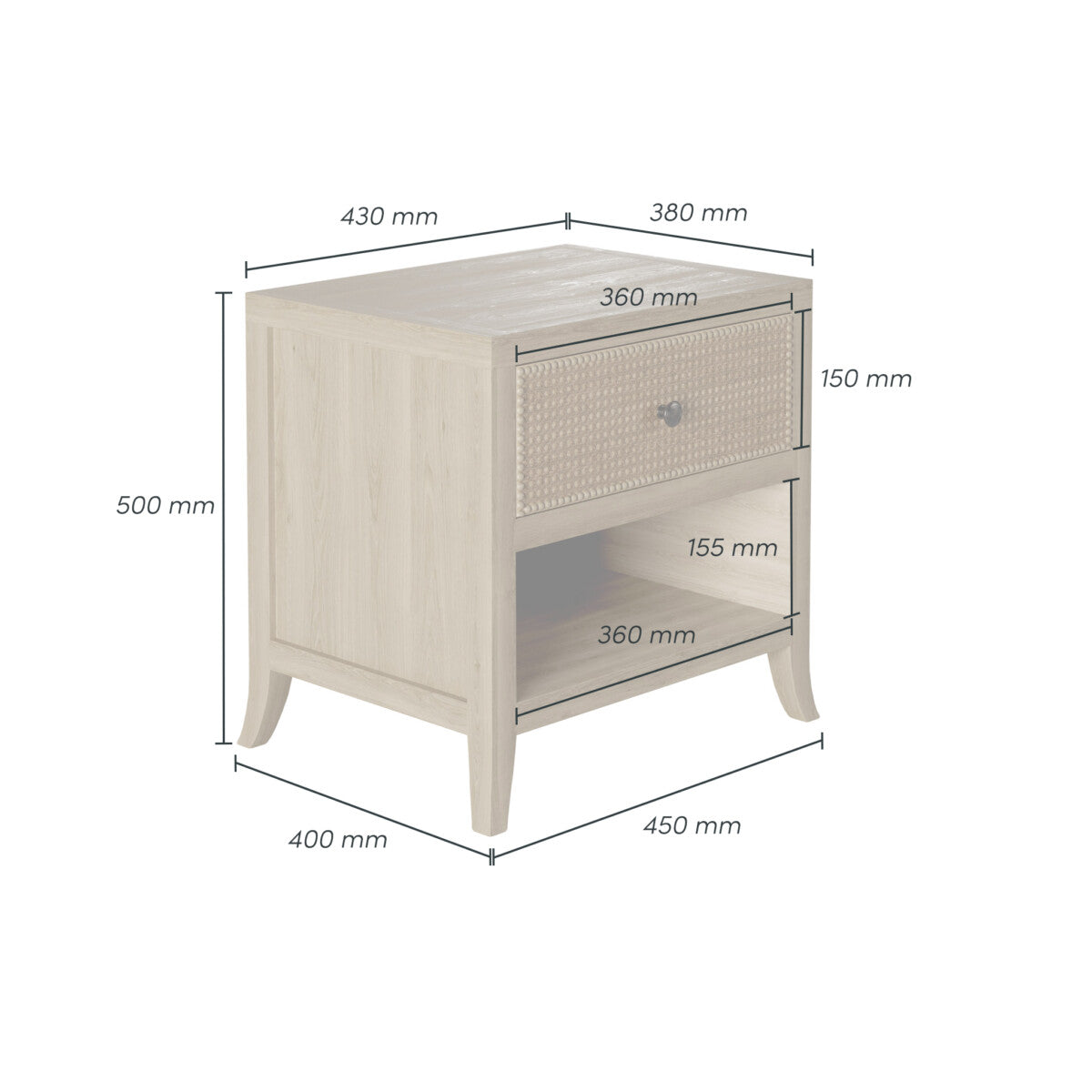Witley Bedside Table | One Drawer, Rattan Front, Gunmetal Handle