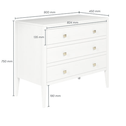 Radford White Chest of Drawers | 3 Drawers, Brass-Style Handles