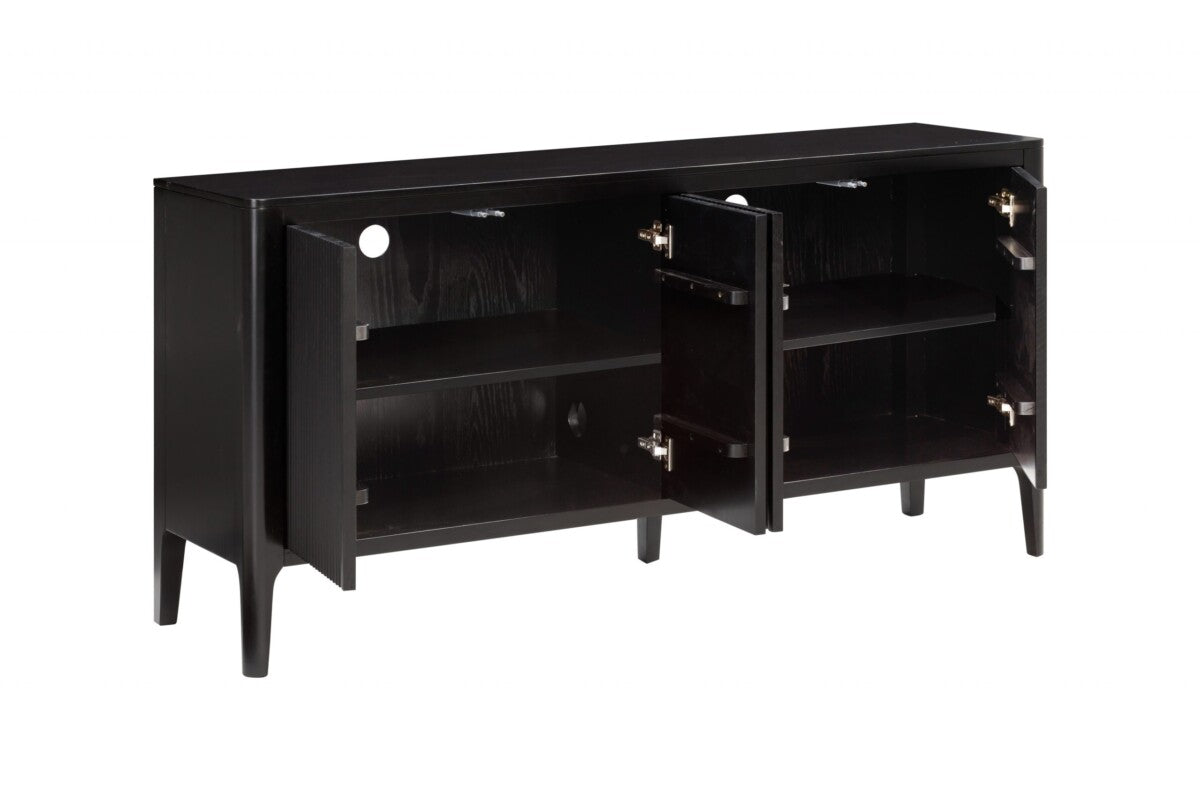 Black Four-Door Oak Sideboard with Ribbed Design 